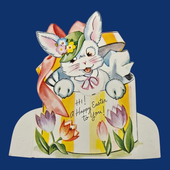 Mechanical Easter A-Meri-Card Vintage Die-Cut Bunny Rabbit in Hat Box Head Moves - Picture 2 of 11